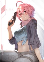 1girls artist_name belly_button character_name dripping female_focus glasses gun highres jacket looking_at_viewer matching_hair/eyes medium_breasts midriff mizutsunya pink_eyes pink_hair sae_(vtuber) short_hair slime slime_girl slime_hair smile solo_female sweat tied_shirt virtual_youtuber wet wet_shirt