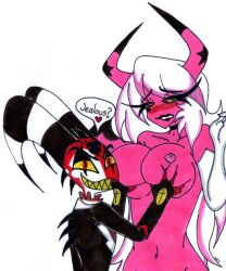 blitzo_(helluva_boss) blush breast_grab breast_squish breasts clothed clothed/nude clothing demon devil_horns_(disambiguation) duo female gloves hair hand_on_breast handwear heart helluva_boss hi_res horn humanoid lipstick makeup male male/female nipples nude pink_body pink_skin red_body red_skin skeleslay smile speech_bubble squish star succubus text verosika_mayday_(helluva_boss) white_hair