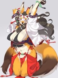 absurd_res anthro breasts canid canine clothed clothing female fox fur hair hi_res japanese_clothes kame_3 kemono looking_at_viewer mammal mask masked_fox_(kame_3) smile solo