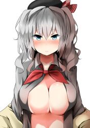 bangs beret blue_eyes blush breasts embarrassed eyebrows_visible_through_hair female hair_between_eyes hat highres himuka_(523) kantai_collection kashima_(kantai_collection) large_breasts long_hair neckerchief no_bra nose_blush off_shoulder red_neckerchief shiny shiny_hair shiny_skin silver_hair simple_background smile solo undressing upper_body wavy_hair white_background