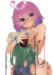 1girls artist_name coffee dripping eyebrows_visible_through_hair female_focus glasses highres huge_breasts iced_latte_with_breast_milk lactation looking_at_viewer matching_hair/eyes melting_clothes open_mouth purple_eyes purple_hair sae_(vtuber) slime slime_girl slime_hair solo_female squeezing_breast virtual_youtuber white_background