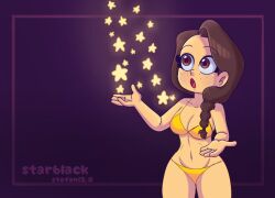 big_breasts big_hips bikini braided_hair brown_eyes brown_hair covered_breasts star_(starblack20) starblack starblack20 stars yellow_bikini