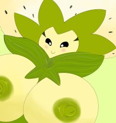 anthro areola big_breasts black_sclera blush breasts eldegoss female green_body green_nipples huge_breasts hyper hyper_breasts looking_at_viewer neom-daddy nintendo nipples nude pokémon_(species) pokemon smile solo video_games white_eyes