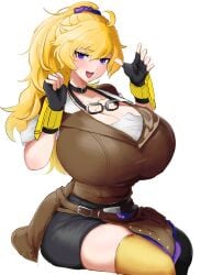 goggles_around_neck huge_breasts odakubara ponytail rwby rwby_ice_queendom sitting smiling_at_viewer white_background yang_xiao_long