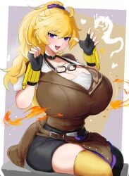 blonde_hair cleavage gigantic_breasts goggles_around_neck huge_breasts massive_breasts odakubara ponytail purple_eyes rwby rwby_ice_queendom sitting smiling_at_viewer yang_xiao_long