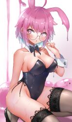 1girls bow bunny_ears bunnysuit dripping female_focus glasses highres large_breasts looking_at_viewer open_mouth pink_eyes pink_hair sae_(vtuber) slime slime_girl slime_hair solo_female virtual_youtuber wet