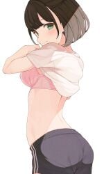 ass back bangs black_hair black_shorts blush bra breasts closed_mouth clothes_lift eyebrows_visible_through_hair female female green_eyes hands_up highres hiroki_(yyqw7151) looking_at_viewer looking_back medium_breasts original pink_bra shirt shirt_lift short_hair short_shorts short_sleeves shorts solo stomach t-shirt underwear undressing white_background white_shirt