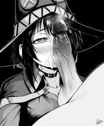 1boy absurdres blush cape choker clothed_female_nude_male cum english_commentary erection facial fellatio female greyscale hat high_contrast highres kono_subarashii_sekai_ni_shukufuku_wo! large_penis licking licking_penis megumin monochrome nose_blush nude oral outline penis penis_awe penis_on_face penis_over_one_eye pov revision short_hair solo_focus speedl00ver straight testicles uncensored veins veiny_penis white_outline witch_hat