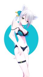 1girls 2021 belly belly_button bra breasts cat_ears green_eyes hizuki_miu looking_at_viewer pale-skinned_female pale_skin thighs thong virtual_youtuber wactor wactor_jp wactor_production white_ears white_hair