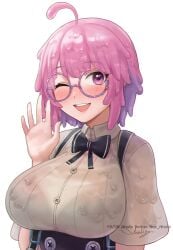 1girls artist_name artist_signature blush bow buttons dripping eyebrows_visible_through_hair female female_focus glasses hand_up highres huge_breasts looking_at_viewer matching_hair/eyes nhaliz pink_eyes pink_hair sae_(vtuber) short_hair slime slime_clothing slime_girl slime_hair solo_female teeth_showing virtual_youtuber white_background wink