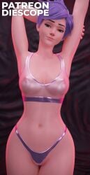 1girls 3d blender blizzard_entertainment blurry_background breasts clothed clothing diescope female female_only hi_res latex latex_clothing light_skin looking_at_viewer overwatch pink_lipstick purple_hair pussy pussy_peek smiling solo solo_female thick_thighs tracer transparent_clothing yellow_eyes