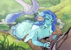 ass blue_hair blue_skin breasts coffeedungeon female fin handjob lake long_hair male mermaid penis