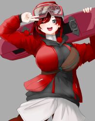 fanny_pack goggles_on_forehead huge_breasts large_breasts odakubara peace_sign ruby_rose rwby rwby_ice_queendom smiling_at_viewer snowboard wink