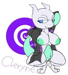 2022 animal_humanoid anthro batzcave big_breasts breasts cheryne_(batzcave) clothing digital_media_(artwork) english_text felid feline female genitals hi_res humanoid legendary_pokémon looking_at_viewer mammal mammal_humanoid mewtwo nintendo nipples pokemon pokemon_(species) pussy simple_background smile solo text thick_thighs video_games