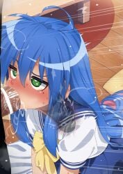 1boy 1girls absurd_res big_penis blowjob blue_hair blush censor_bar censored cute dark-skinned_male deepthroat deepthroat_no_hands fellatio female green_eyes hands-free heart-shaped_pupils high_resolution huge_cock konata_izumi large_penis light_skin long_penis lucky_star mizumizuni mole mole_under_eye oral penis ryouou_school_uniform saliva saliva_trail school_uniform schoolgirl serafuku sloppy sweat teenager veiny_penis x-ray young