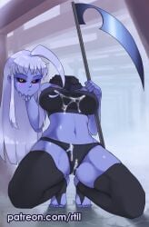 1girls big_breasts black_bra black_panties black_sclera blue_body blush bra breasts cum cum_on_breasts cum_on_panties dullahan eye_contact female female_focus female_only lala_(monster_musume) legwear long_hair looking_at_viewer monster_musume_no_iru_nichijou panties rtil solo squatting thick_thighs thighhighs thighs yellow_eyes