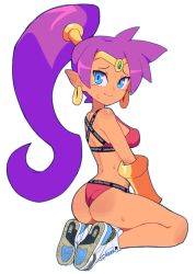 1girls ass bare_arms bare_legs bare_shoulders blue_eyes bra closed_mouth cute dark-skinned_female dark_skin earrings embarrassed female female_only forehead_jewel gold_bracelet hoop_earrings jewelry kneeling legs long_hair looking_at_viewer looking_back panties pointy_ears ponytail purple_hair shantae shantae_(character) shoes sideboob simple_background slammo smaller_female smile smooth_skin sneakers solo solo_female sports_bra sports_panties tagme tiara very_long_hair white_background