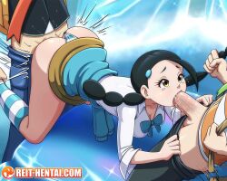 1girls 2boys ass barry_(pokemon) black_hair blowjob brown_eyes butt_crack candice_(pokemon) clothed clothed_sex dubious_consent fellatio female female_focus gangbang light-skinned_female light-skinned_male light_skin lucas_(pokemon) male oral panties panties_aside pokemon pokemon_dppt pokemon_trainer reit sex skirt skirt_up tagme upskirt