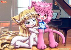 2girls anthro april_(little_tails) bbmbbf blush breast_grab breasts cat clothing female female/female female_only fingering furry little_tails medium_breasts nude open_mouth palcomix pussy romi_(little_tails) tongue yuri