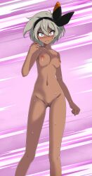 1girls absurdres bangs bea_(pokemon) black_bow black_hairband blue_eyes blush bow bow_hairband breasts censored collarbone completely_nude embarrassed eyebrows_visible_through_hair female frown hair_between_eyes hairband hairbow highres looking_at_viewer medium_hair mosaic_censoring navel nipples nude pink_background pokemon pokemon_(game) pokemon_ss pussy shiny shiny_hair silver_hair slender slender_legs small_breasts solo standing sweatdrop tsukishiro_saika v-shaped_eyebrows