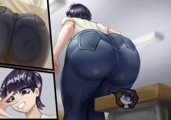 2girls black_hair blush butt_crush color daughter facesitting female giantess huge_ass jeans kentaryu komi-san_wa_komyushou_desu komi_shouko komi_shuuko long_hair low-angle_view macro mature mature_female milf mother mother_and_daughter panties panties_under_pantyhose pantyhose pantylines school school_desk sitting_on_desk size_difference skirt text unaware unaware_buttcrush unaware_facesitting