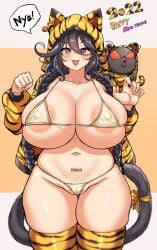 2022 areola areola_slip big_breasts bikini bikini_bottom bikini_top cleanerjay cleavage collarbone heterochromia huge_breasts last_origin legwear looking_at_viewer micro_bikini micro_bikini_top nipple_bulge nya open_mouth poi_(last_origin) standing tail thick_thighs thighs