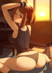 1girls 2022 ass ass_focus ass_shot big_ass big_breasts brown_eyes brown_hair dat_ass female female_only hi_res hips huge_ass indoors kuroneko_pantsu large_breasts looking_at_viewer looking_back looking_over_shoulder my_hero_academia ochako_uraraka panties short_hair slim_waist sportswear tank_top thick_thighs thighs wide_hips