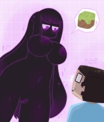 big_breasts black_hair breasts cinnamon_gutz enderman enderwoman female_only male minecraft minecraft_mob purple_eyes purple_hair pussy pussy_juice skinny_girl small_waist steve_(minecraft) taller_girl