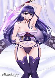 areolae bed belly breasts curtains electricity garter_belt genshin_impact kimono large_breasts lingerie nipples panties pubic_tattoo purple_eyes purple_hair raiden_shogun ruperallmighty see-through stockings sword thighhighs vagina