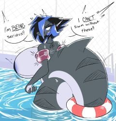 big_breasts black_hair blue_highlights blue_tongue blush char_(nonarycubed) cute female fence floatie huge_breasts large_ass large_breasts life_preserver nonarycubed pool shark shark_girl shark_tail tagme text text_bubble thick_thighs wholesome