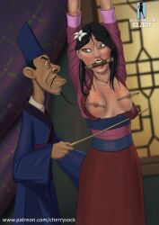 1boy 1girls bondage breasts_out cherrysock chi-fu disney disney_princess fa_mulan flower_in_hair gag gagged hands_tied hands_up male mulan nipple_clamps