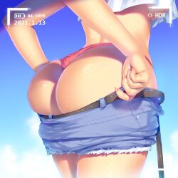 a.x. absurd_res ass ass_cleavage ass_focus big_ass big_butt bubble_butt butt_crack camera camera_view dat_ass female female_only hi_res jean_shorts no_bra original original_character panties pink_panties shadow short_shorts shorts shorts_down shorts_pull simple_background sky solo topwear underboob