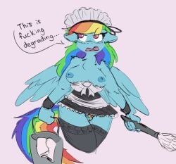 anthro anthrofied blue_body blue_fur blush breasts bucket clothing container dress ears_down equid equine feathered_wings feathers female friendship_is_magic fur genitals hair half-closed_eyes hasbro holding_object maid_uniform mammal multicolored_hair multicolored_tail my_little_pony narrowed_eyes pegasus pivoted_ears pubes purple_eyes pussy rainbow_dash_(mlp) rainbow_hair rainbow_tail straight_hair uniform visiti wings