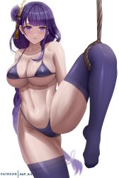 1girls 2022 abp_art ass_visible_through_thighs big_breasts bikini bikini_bottom bikini_top bondage breasts cleavage female female_focus female_only genshin_impact leg_up legwear looking_at_viewer mole mole_under_eye purple_eyes purple_hair raiden_shogun rope simple_background solo solo_female thick_thighs thighhighs thighs white_background