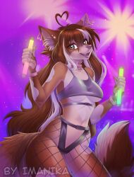 2022 anthro artist_name belly_button black_topwear bra breasts brown_body brown_fur brown_hair canine canine_humanoid clothed collar ear_piercing ear_tuft eyelashes female female_only fishnet_legwear fishnets fox fox_humanoid freckles furry furry_female furry_only glowstick hair imanika lips long_hair looking_at_viewer mammal mammal_humanoid multicolored_body multicolored_eyes multicolored_fur multicolored_hair oerba_yun_fang open_mouth party small_breasts solo solo_female spiked_wristband standing tagme tail tan_body tongue tuft underboob unknown_character white_body white_fur white_hair white_sclera