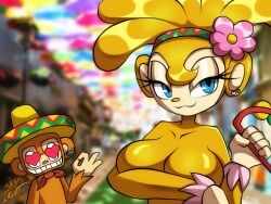 1girls amiga amigo anthro big_breasts blue_eyes breasts covering_breasts earring eyelashes female furry furry_only huge_breasts implied_erection implied_masturbation mammal monkey monkey_girl orange_fur samba_de_amigo sega skylight_(artist) video_games