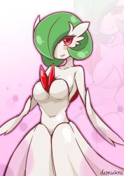 blush chest_spike cleavage domidori dress gardevoir gloves looking_at_viewer nintendo pokemon pokemon_(species) red_eyes smile white_skin