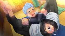 2boys absurd_res ahe_gao anal anal_sex anus_peek bara big_penis blue_hair bulge camp_buddy clothes_on cum_drip cum_inside dark-skinned_male dark_skin drooling eeee_san faceless faceless_character gay heart heart_eyes hi_res lloyd_sirius looking_at_partner looking_up male male/male male_focus male_only mating_press missionary missionary_position muscles muscular muscular_male open_clothes open_legs open_pants saliva saliva_drip shadow silhouette submissive submissive_male sweat visible_breath yaoi yellow_eyes