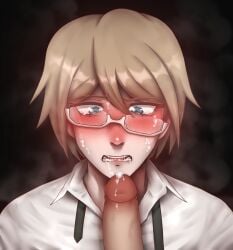 2boys alfredcummr blonde_hair blowjob blue_eyes blush cum cum_in_mouth cum_on_face cum_on_glasses danganronpa danganronpa:_trigger_happy_havoc danganronpa_1 gay glasses glasses_askew heavy_blush light-skinned_male light_skin looking_down male male/male male_focus male_only no_background penis red_face shirt_open smooth_skin solo_focus steam submissive submissive_male tears togami_byakuya twink uncensored yaoi