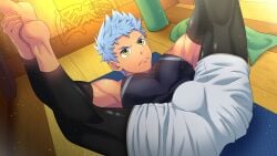 1boy absurd_res bara blue_hair bulge camp_buddy clothes_on dark-skinned_male dark_skin eeee_san gay hi_res lloyd_sirius looking_at_partner looking_up male male_focus male_only muscles muscular muscular_male open_legs solo solo_male submissive submissive_male yaoi yellow_eyes