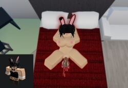 1girls 3d bed bed_sheet bedroom bunny_ears bunny_girl cute dildo ninjashyper2 reference_image roblox roblox_avatar robloxian self_upload squirting tagme