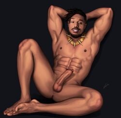 1boy actor african african_male arms_behind_head balls big_biceps black_hair black_panther_(series) celebrity dark-skinned_male dark_skin erect_penis erection erik_killmonger feet gabo_artist hard_on human human_only in_character long_penis looking_at_viewer male male_only marvel marvel_cinematic_universe melanin michael_b_jordan muscular muscular_male penis real_person realistic spread_legs veiny_penis