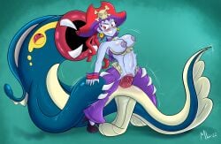 ameizing_lewds belly_button blush breasts cowgirl_position crossover earrings eelektross exposed_breasts exposed_pussy penetration penis pirate pirate_hat pokémon_(species) pokemon pokephilia purple_hair purple_skin red_eyes ripped_clothing ripped_pants risky_boots shantae smooth_skin stomach_bulge