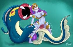 ameizing_lewds armor belly_button blush breasts cowgirl_position crossover earrings eelektross exposed_breasts exposed_pussy gold_(metal) gold_jewelry penetration penis pirate pokémon_(species) pokemon pokephilia purple_hair purple_skin red_eyes ripped_clothing risky_boots shantae smooth_skin stomach_bulge tiara