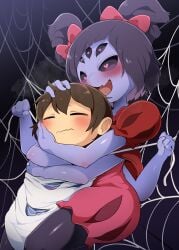 1boy 1girls anthro arachnid black_eyes black_hair blush bound brown_hair captured dagasi digital_media_(artwork) dominant_female embrace female flat_chest flat_chested frisk fully_clothed heart-shaped_pupils hug human imminent_sex lust male muffet purple_skin small_breasts smaller_male spider spider_girl spider_web undertale young young_female young_woman