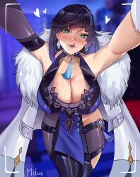 1girls big_breasts blue_hair cleavage curvy female female_only genshin_impact green_eyes heart-shaped_pupils large_breasts licking_lips lipstick looking_at_viewer mituee mole mole_on_breast purple_lipstick solo solo_female thick thick_thighs tongue tongue_out voluptuous yelan_(genshin_impact)