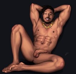 1boy actor african african_male arms_behind_head balls big_biceps black_hair black_panther_(series) celebrity dark-skinned_male dark_skin erik_killmonger feet gabo_artist half-erect human human_only in_character long_penis looking_at_viewer male male_only marvel marvel_cinematic_universe melanin michael_b_jordan muscular muscular_male penis real_person realistic spread_legs uncut villain