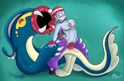 ameizing_lewds bandana belly_button blush breasts cowgirl_position crossover earrings eelektross exposed_breasts exposed_pussy penetration penis pirate pokémon_(species) pokemon pokephilia purple_hair purple_skin red_eyes ripped_clothing ripped_pants risky_boots shantae smooth_skin stomach_bulge