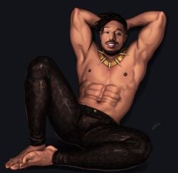 1boy actor african african_male arms_behind_head ball_bulge big_biceps black_hair black_panther_(series) celebrity dark-skinned_male erik_killmonger feet gabo_artist human human_only in_character looking_at_viewer male male_only marvel marvel_cinematic_universe melanin michael_b_jordan muscular muscular_male pants_on penis_bulge real_person realistic shirtless spread_legs villain