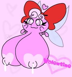 <3_eyes absurd_res big_bow big_breasts bodily_fluids breasts cat_smile curled_hair fairy fan_character female genitals hair heart heart_print hi_res huge_breasts hyper hyper_breasts hyper_fairies insect_wings lactating onyx666 pink_body plump_labia pussy solo valentine_(onyx666) waddling_head wings